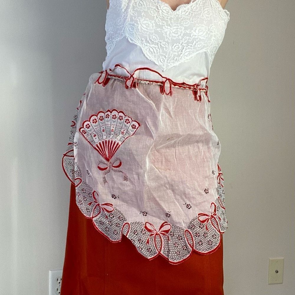 VTG 40s / 50s Sheer Fan and Bow Design Pocketed Fashion Apron for Wear or Upcycl - Picture 4 of 7